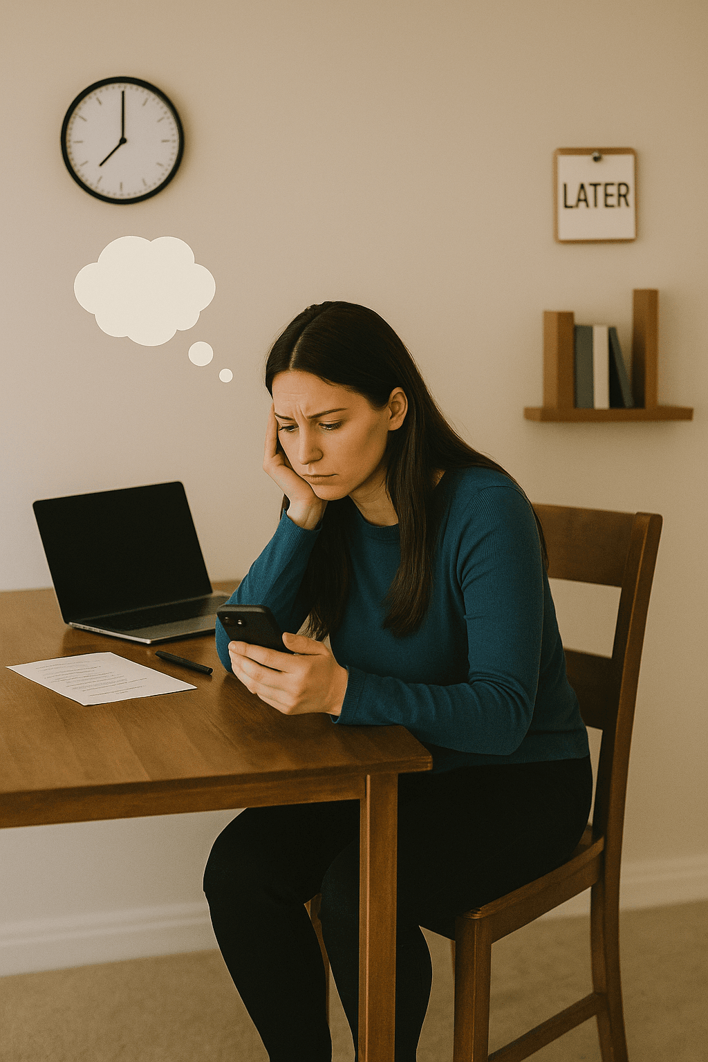 Una mujer evadiendo sus tareas