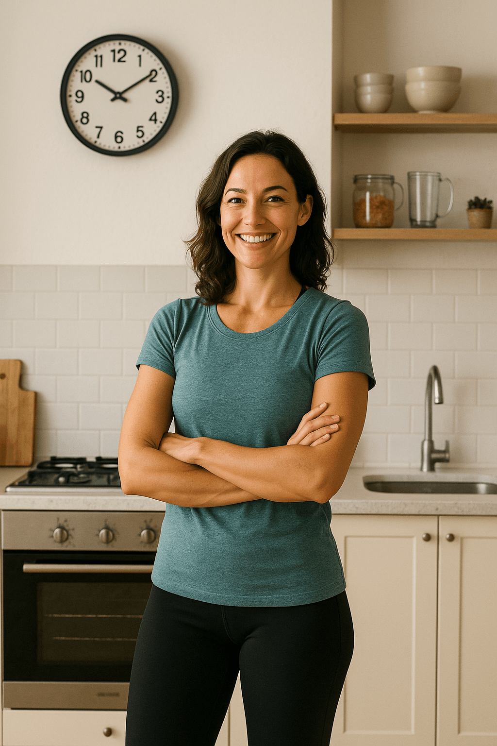 Una mujer sonriente en una cocina