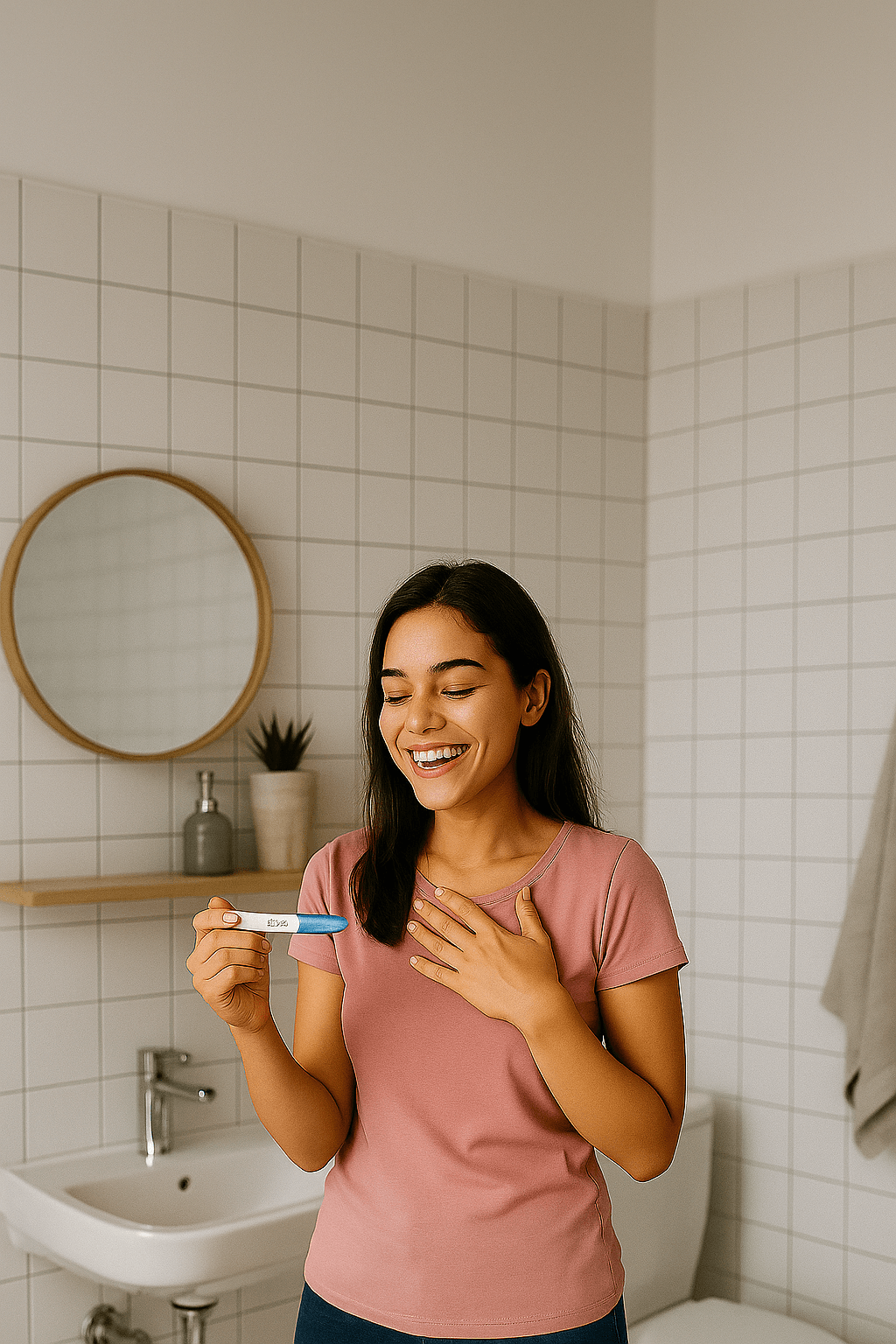 Mujer con prueba de embarazo satisfactoria