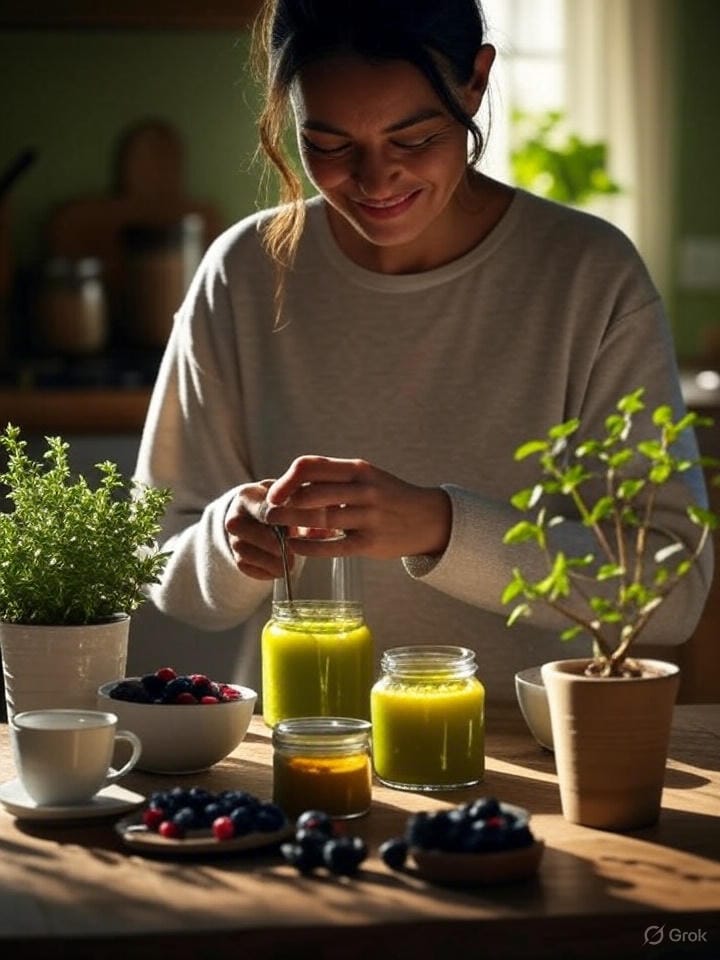 "Una escena cálida de una persona preparando un jugo detox, con una planta pequeña, un frasco de cúrcuma, un cuenco de bayas y una taza de infusión bajo luz suave. Fondo con tonos verdes, evocando salud y naturaleza.