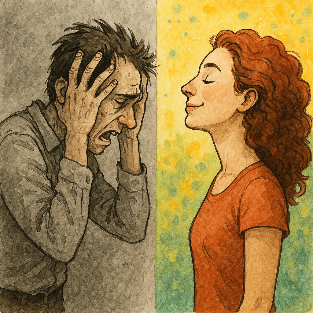Dos personas, una con estrés y una feliz