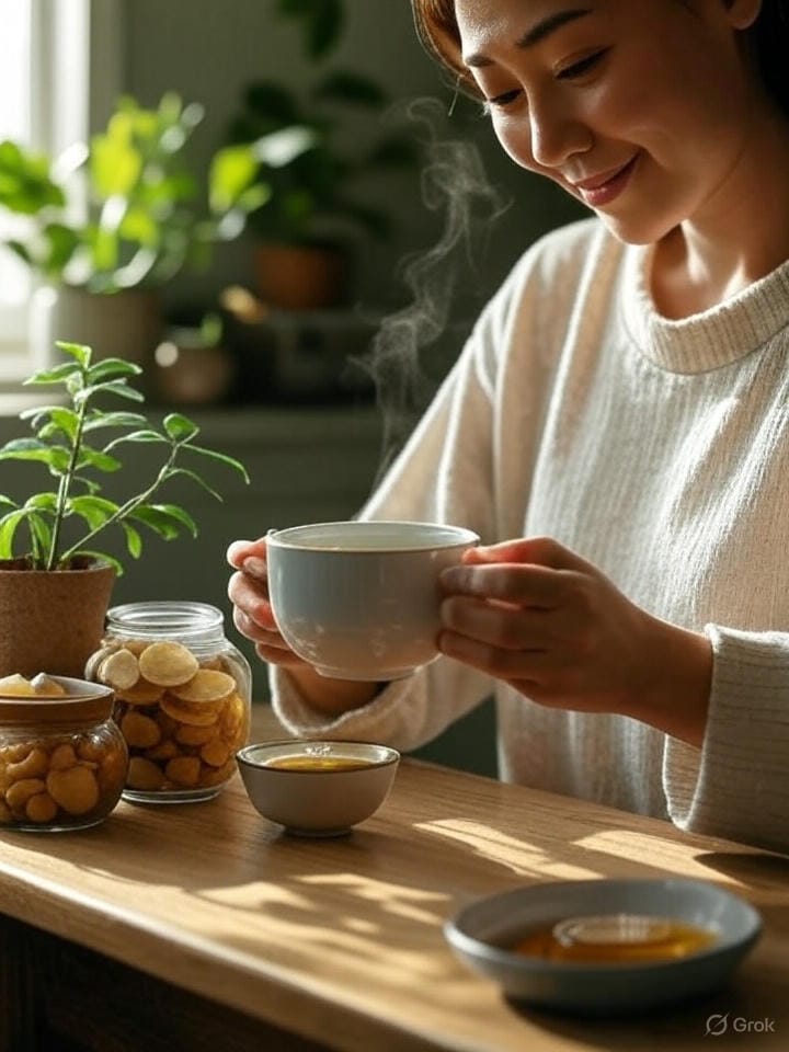 "Una escena cálida de una persona preparando té herbal, con una planta pequeña, un frasco de jengibre, un cuenco de miel y una taza bajo luz suave. Fondo con tonos verdes, evocando salud y naturaleza