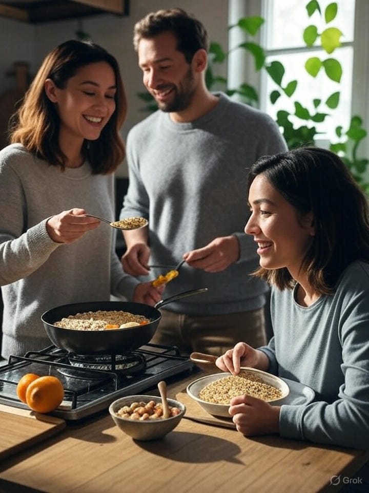 Una escena alegre de una persona cocinando avena con frutas, otra comiendo lentejas, bajo luz suave, con una planta pequeña y un cuenco de nueces. Fondo con tonos verdes, evocando naturaleza y salud.