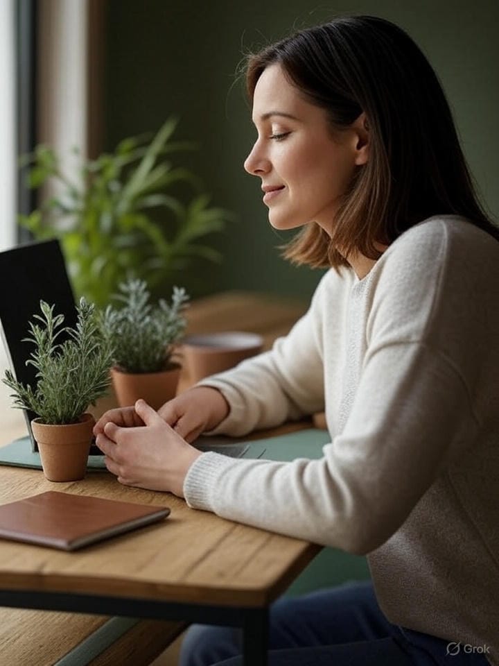 Una escena cálida de una persona practicando respiración profunda en su escritorio, con una planta pequeña, un té de lavanda, un cuaderno y una esterilla de yoga bajo luz suave. Fondo con tonos verdes, evocando salud y naturaleza.