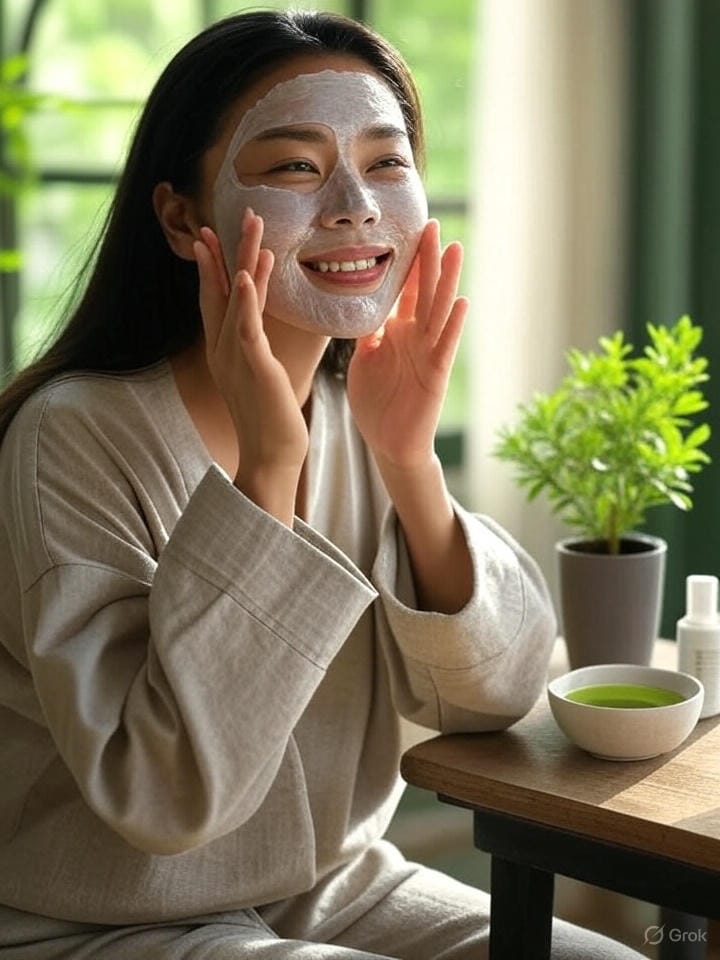 Una escena cálida de una persona aplicando una mascarilla facial, con una planta pequeña, un frasco de arcilla, un cuenco de té verde y un vaporizador bajo luz suave. Fondo con tonos verdes, evocando salud y naturaleza