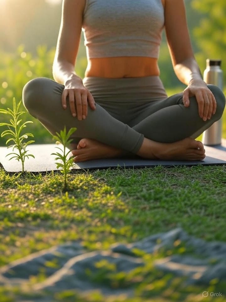 Una escena cálida de una persona haciendo ejercicio matutino al aire libre, con una planta pequeña, una esterilla, un frasco de agua y un cronómetro bajo luz suave. Fondo con tonos verdes, evocando salud y naturaleza