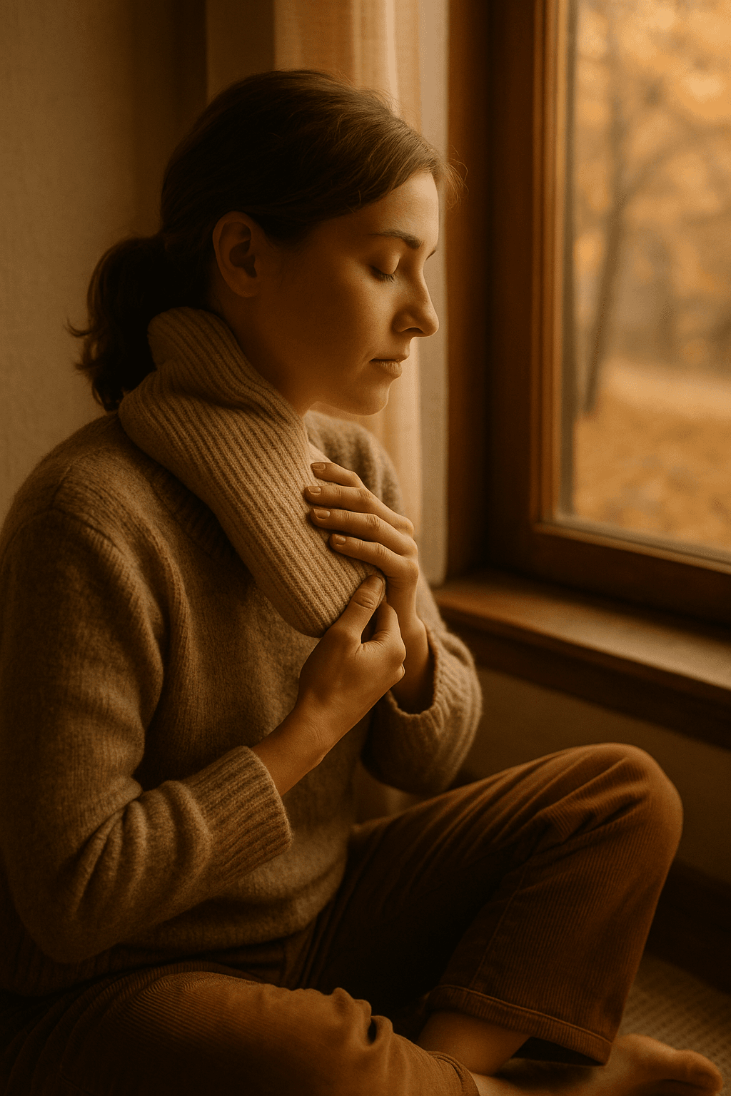 "Mujer sentada cerca de una ventana en un día frío de otoño, aplicando una compresa caliente en el cuello. Luz cálida entrando, tonos beige y marrones, sensación de calma y autocuidado.