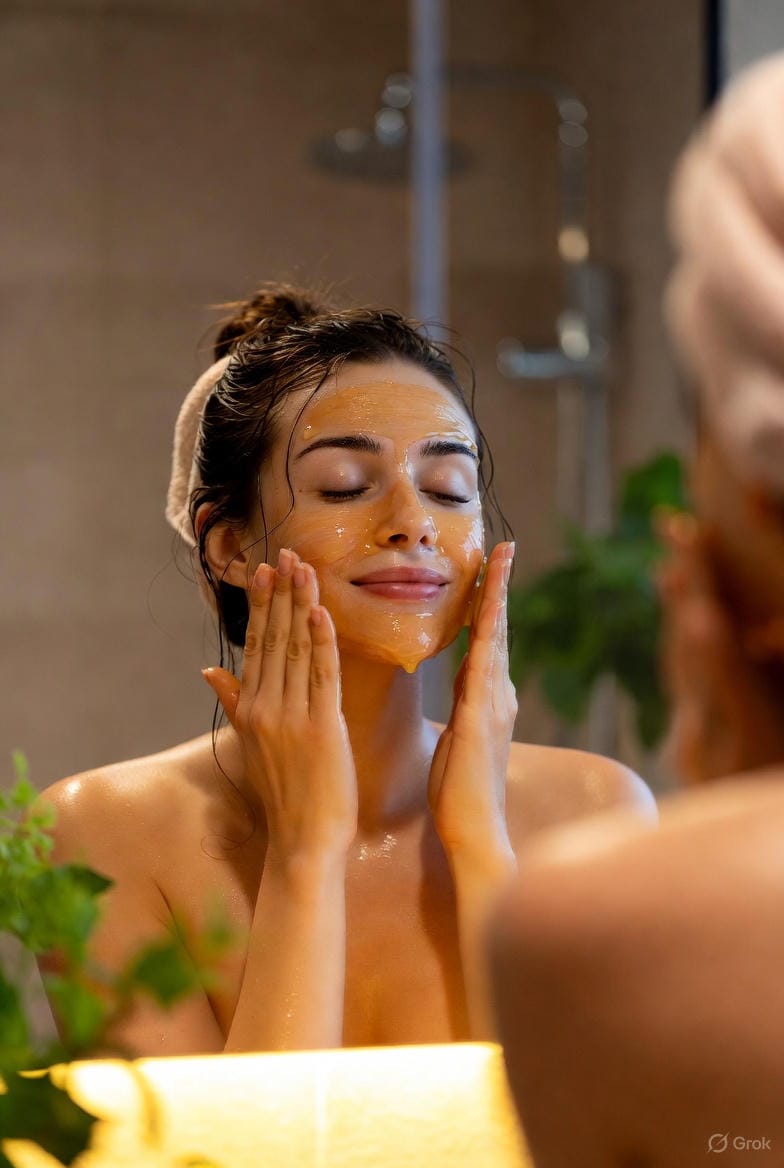 Mujer restaurando con miel frente al espejo de baño su rostro