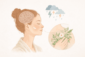 Ilustración editorial minimalista mostrando conexión entre mente y piel, estilo natural, colores suaves, concepto de estrés y autocuidado.