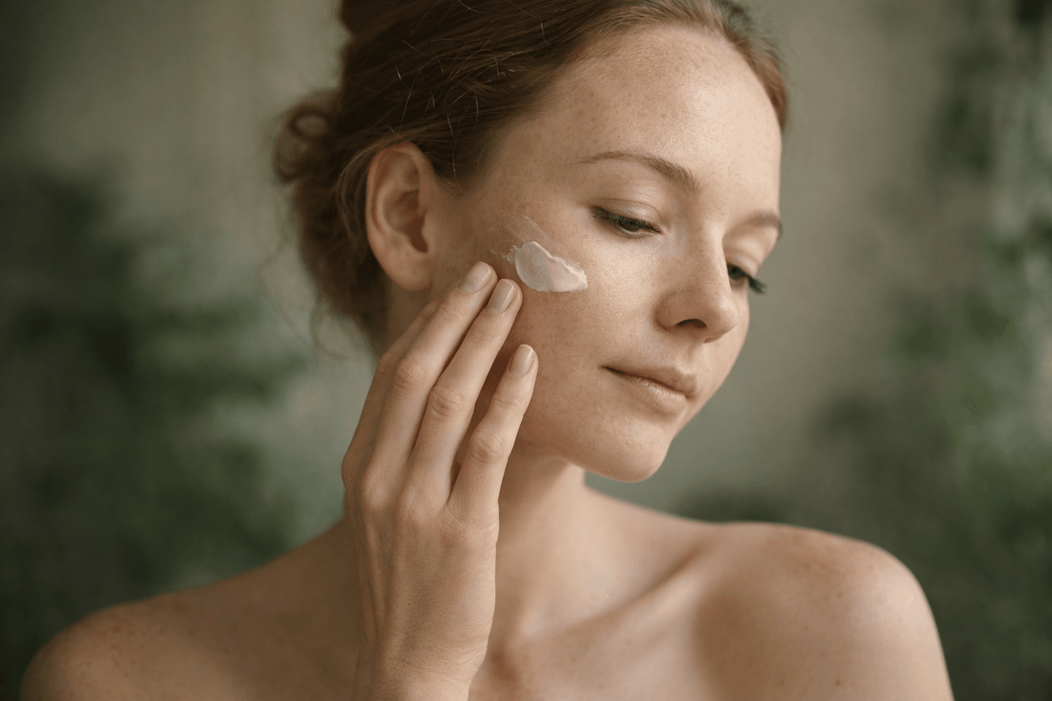 Rutina de cuidado facial natural, productos simples, baño minimalista, sensación de calma, bienestar y autocuidado.