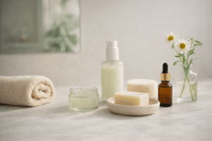 Fotografía realista, piel femenina sensible, luz natural suave, estética minimalista, tonos verdes y beige, concepto de skincare natural, alta calidad, sin texto.