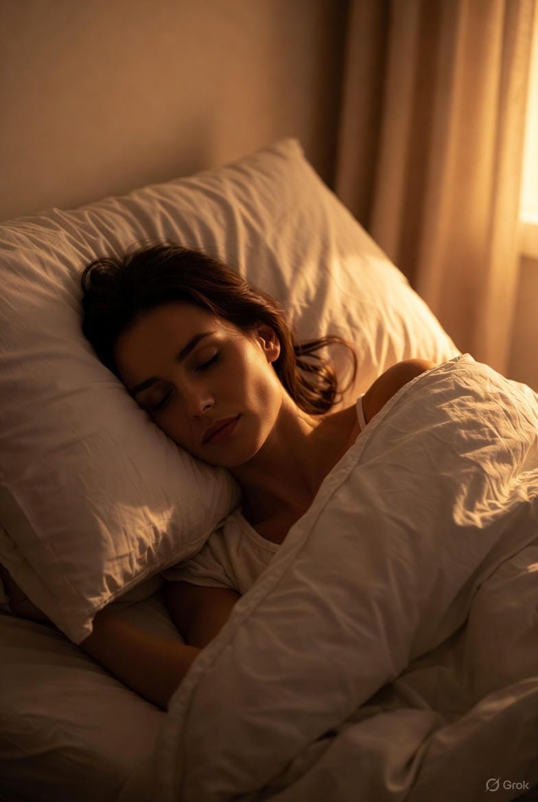 Mujer durmiendo para descanso reparador, en un cuarto, sin plantas