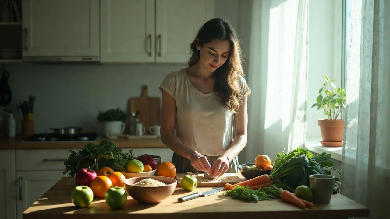 Fotografía editorial de mujer joven en su cocina preparando alimentos naturales, frutas y avena sobre la mesa, luz suave de mañana entrando por la ventana, ambiente minimalista, tonos verdes y beige, estética wellness, sensación de bienestar digestivo, alta calidad, sin texto.